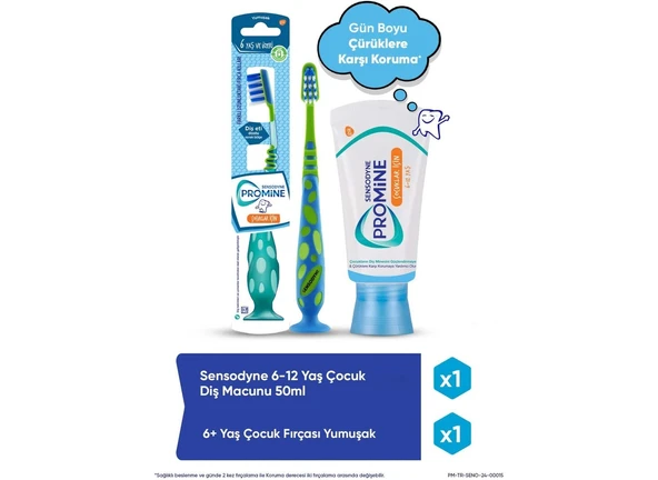 Promine 6-12 Yaş Gün Boyu Çürüklere Karşı Koruyan Çocuk Diş Macunu 50 ml + Yumuşak Diş Fırçası