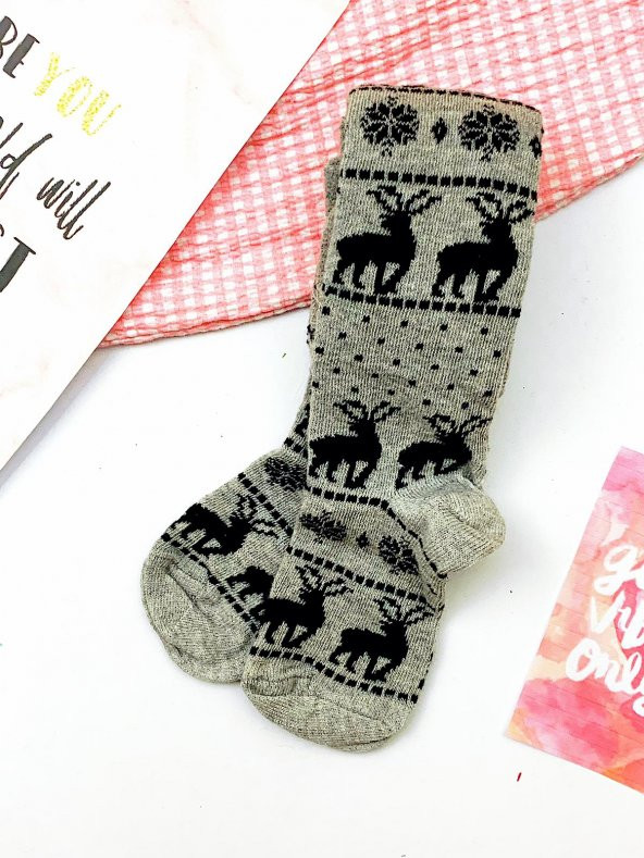 Kız Bebek Çocuk Gri Siyah Geyikli Külotlu Çorap