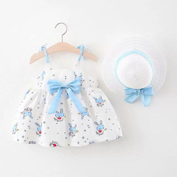 Kız Çocuk Bebek Şapkalı Mavi Star Rabbit Elbise