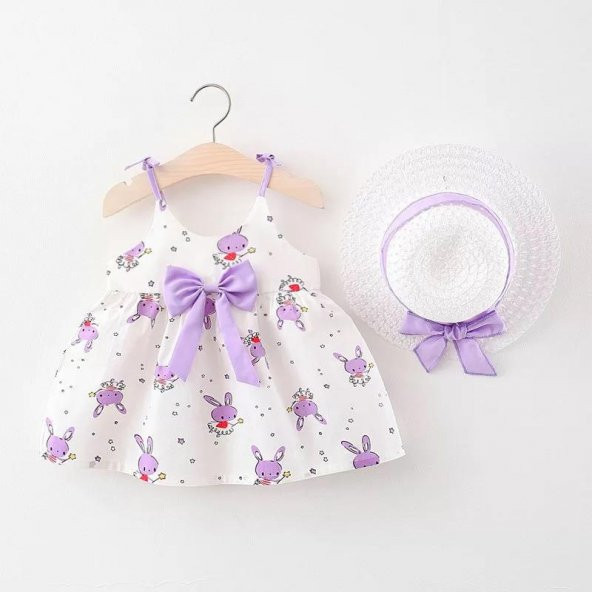 Kız Çocuk Bebek Şapkalı Mavi Star Rabbit Elbise - 6