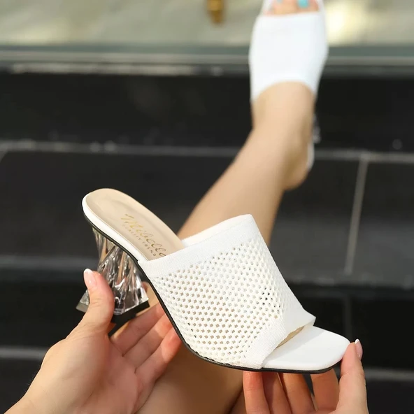 Akva Beyaz Triko Şeffaf Topuklu Terlik - Resim 5