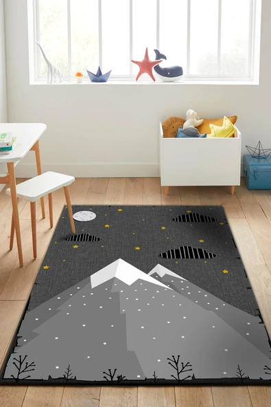 Frenda Home Dağ Desenli Kaymaz Deri Taban Yıkanabilir Çocuk Halısı  GRİ 120X180