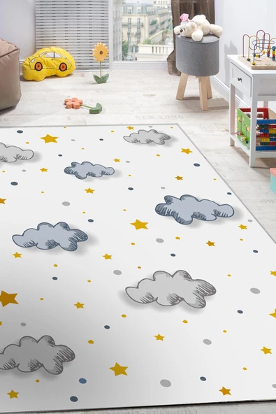 Frenda Home Gökyüzü Desenli Kaymaz Deri Taban Çocuk Ve Bebek Halısı  BEYAZ 80X200