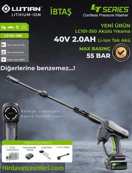 LUTIAN LC101-350 -  55 Bar Akülü Oto Araba Yıkama Makinesi - 40 Volt 2 Amper Tek Akülü - 2