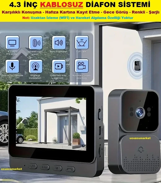 GÖRÜNTÜLÜ KABLOSUZ 4.3 İNÇ DİAFON ZİL SİSTEMİ