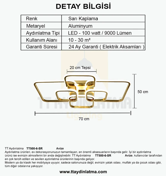 TT Aydınlatma TT500-6-SR  Sarı Kaplama Plofonyer 6 lı Led Avize - 4