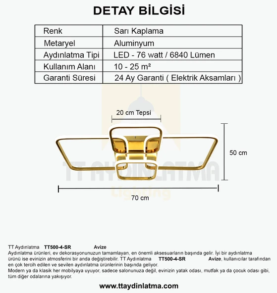 TT Aydınlatma TT500-4-SR  Sarı Kaplama Plofonyer 4 lü Led Avize - 4