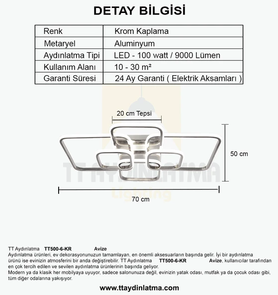 TT Aydınlatma TT500-6-KR  Krom Kaplama Plofonyer 6 lı Led Avize - Resim 4