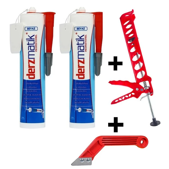 Profesyonel Beyaz Fayans Derz Dolgusu 2ad Suya Dayanıklı 450g-Spatula-Silikon Tabancası-Derz Kazıyıc