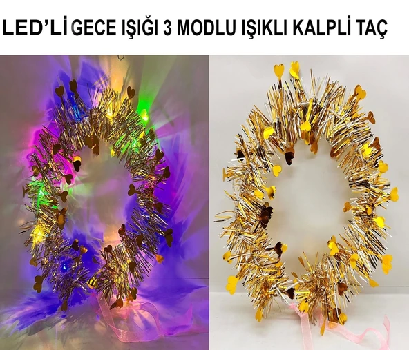 Kalp Püsküllü Gece Parıltısı 3 Modlu Led39li Işıklı Taç Altın Renk