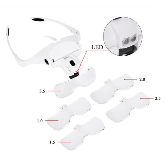 5 Lens 1.0X-3.5X 2Led Işıklı İle Ayarlanabilir Gözlük Büyüteç 9892B2 - 4