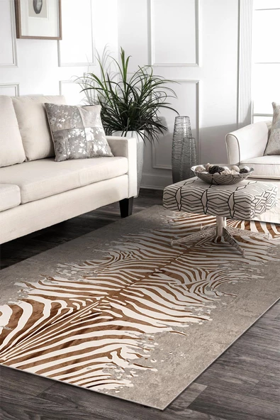 Frenda Home Zebra Desen Kaymaz Deri Taban Halı  BEJ 120X180