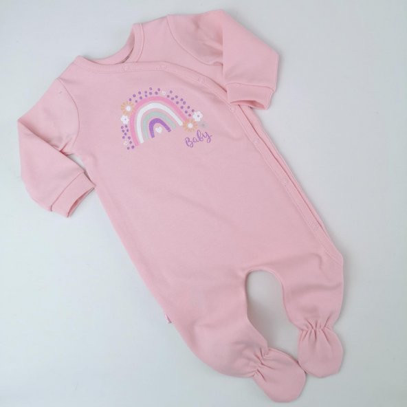 Gökkuşağı baskılı Kız Bebek Tulum Pembe