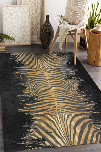 Frenda Home Zebra Desen Kaymaz Deri Taban Halı  SİYAH 100X200