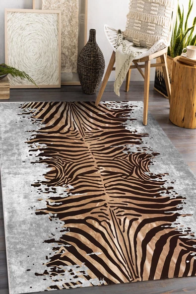 Frenda Home Zebra Desen Kaymaz Deri Taban Halı  GRİ 80X300