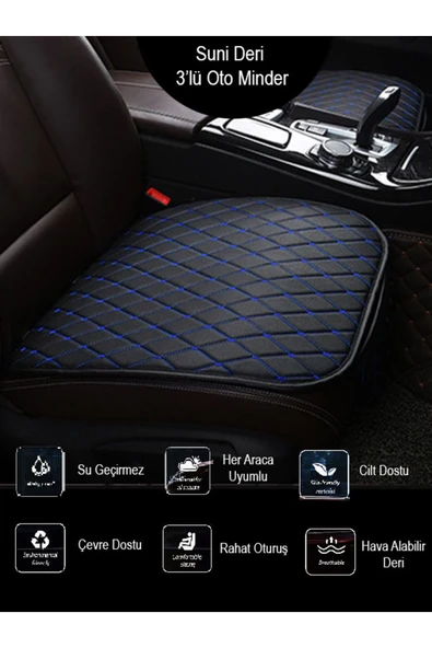 Ftmoto  Mercedes CLA Ön ve Arka Takım Koltuk Minderi Kılıf Siyah Suni Deri Mavi Dikişli