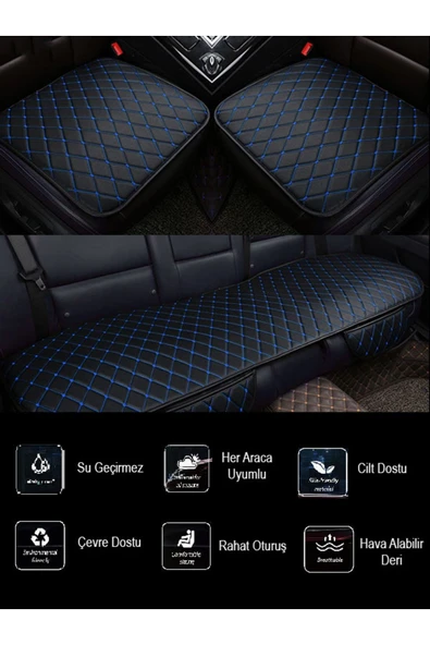 Ftmoto  Chevrolet Lacetti 2004-2011 Ön ve Arka Takım Koltuk Minderi Kılıf Siyah Suni Deri Mavi Dikişli