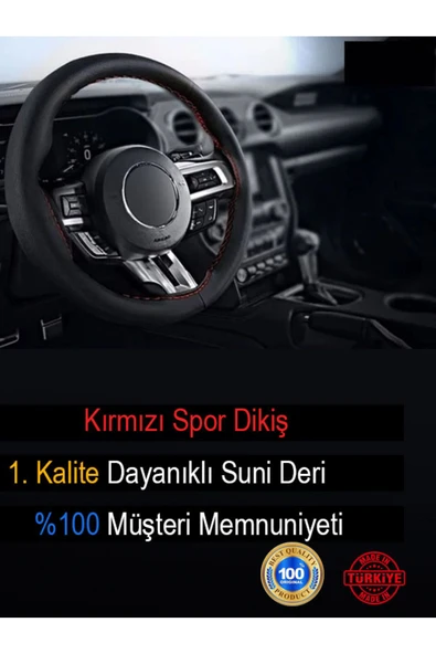 Ftmoto  Mazda 2 deri Direksiyon Kılıfı Modern, Dikmeli Kırmızı Spor Dikişli - Resim 3