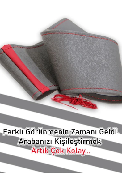 Ftmoto  Mini One Gri YENİ süper deri Kırmızı Yüzüklü Dikişli Direksiyon Kılıfı