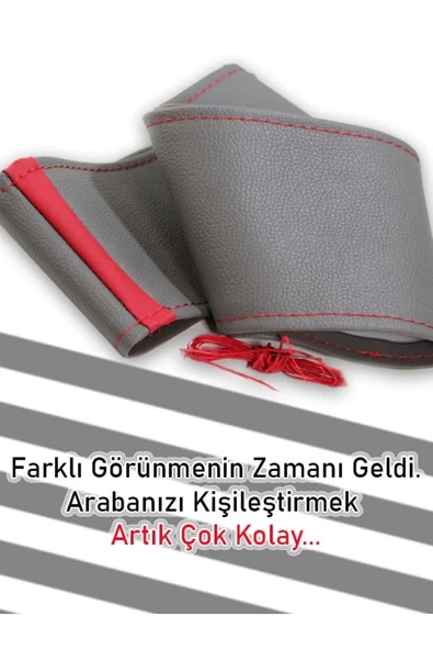 Ftmoto  Audi TT Gri YENİ süper deri Kırmızı Yüzüklü Dikişli Direksiyon Kılıfı