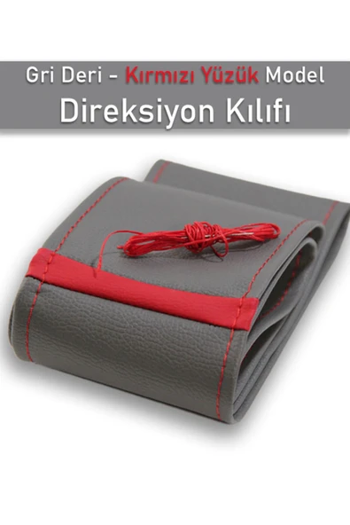 Ftmoto  Skoda Octavia Gri YENİ süper deri Kırmızı Yüzüklü Dikişli Direksiyon Kılıfı - Resim 2