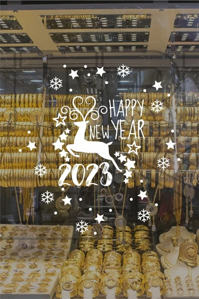 Ftmoto  Happy New Year Geyik Ve 2023 Yılbaşı Süslemeleri YENİ Yıl Vitrin,cam,duvar YENİ sticker