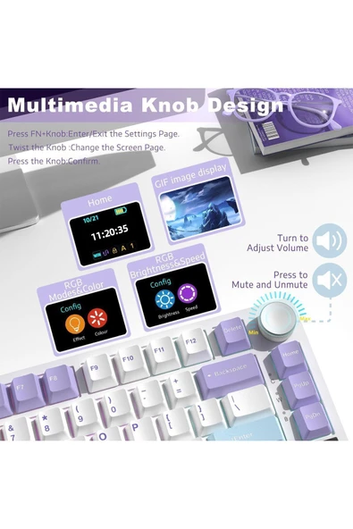 Ajazz Ak820 Pro Mekanik Rgb Oyun Klavyesi,3 Modlu Tft Renkli Ekran Cnc Düğmeli 81 Tuş Mor Beyaz - 5
