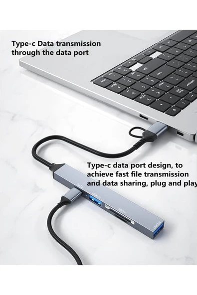 5Gbps Type-C ve USB Hub, 5in1, SDTF Kart Okuyucu, Type-C ve USB Çıkışlı USB C Hub Adaptörü ZR597 - 4