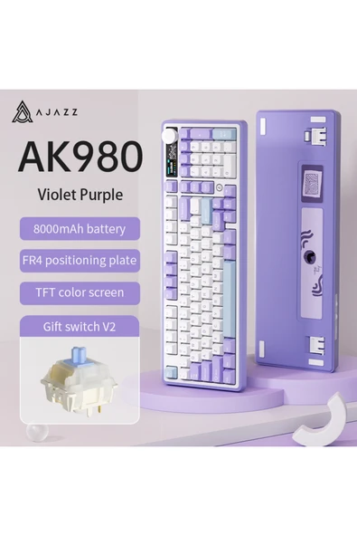 Ajazz AK980 Ekranlı Mekanik Klavye RGB, Tam Boy Hot-Swap 3 Modlu 8000 Mah Batarya Mor/Gift Switch - Resim 8