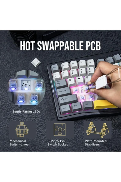 Ajazz AKS-075 Ergonomik Tasarım, TFT Ekranlı 3 Modlu Mekanik Klavye Siyah - Gift Switch - 4