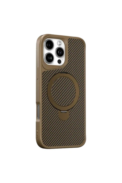 iPhone 16 Pro ile uyumlu Kılıf Karbon Fiber Görünümlü Magsafe ile uyumlu Stand olabilen Carbon