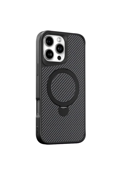 iPhone 16 ile uyumlu Kılıf Karbon Fiber Görünümlü Magsafe ile uyumlu Stand olabilen Carbon