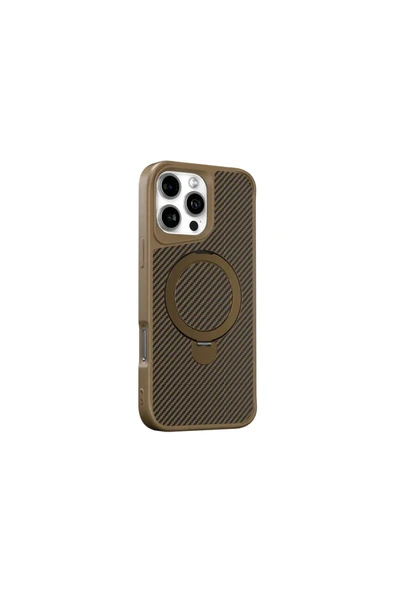 iPhone 16 ile uyumlu Kılıf Karbon Fiber Görünümlü Magsafe ile uyumlu Stand olabilen Carbon