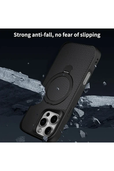 iPhone 16 Pro Max ile uyumlu Kılıf Karbon Fiber Görünümlü Magsafe ile uyumlu Stand olabilen Carbon - Resim 5