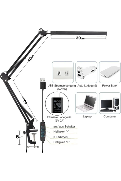 Dekoratif Led Masa Lambası USB Kablolu Kademeli 3 Eklemli Kıskaçlı Masa Lambası Kitap Okuma SY040 - 7