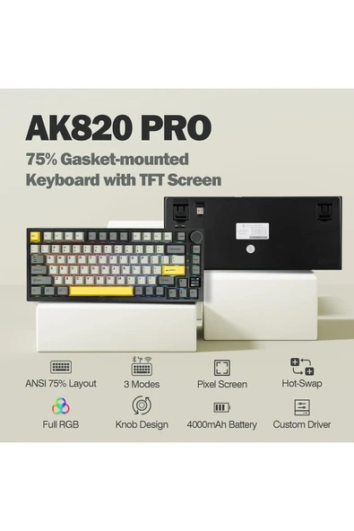 Ajazz Ak820 Pro 3 Modlu %75 Mekanik Klavye, Tft Akıllı Ekran Gasket-mounted Oyun Klavyesi Sarı Siyah - 4