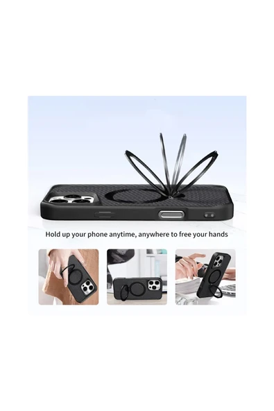 iPhone 14 Pro Max ile uyumlu Kılıf Karbon Fiber Görünümlü Magsafe ile uyumlu Stand olabilen Carbon - Resim 3