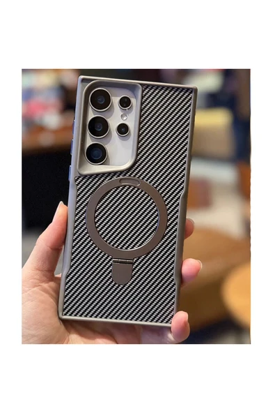 Galaxy S24 Ultra ile uyumlu Kılıf Karbon Fiber Görünümlü Magsafe ile uyumlu Stand olabilen Carbon ürün görseli