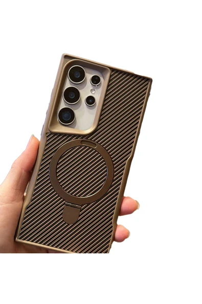 Galaxy S25 Plus ile uyumlu Kılıf Karbon Fiber Görünümlü Magsafe ile uyumlu Stand olabilen Carbon - Resim 5