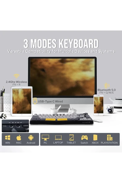 Ajazz AKS-075 Ergonomik Tasarım, TFT Ekranlı 3 Modlu Mekanik Klavye Siyah - Gift Switch - 5