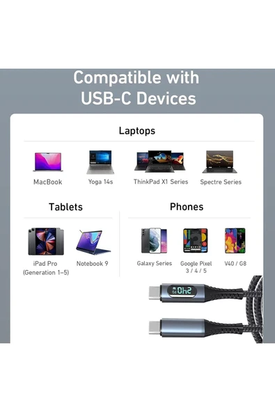 240W USB 4.0 Kablosu, Led Ekranlı, Tunderbolt 40Gbps 8K@60Hz PD Tip C Kablosu 1 Metre ZR850 Uyumlu - Resim 5