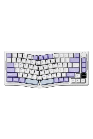 Ajazz AKS-075 Ergonomik Tasarım, TFT Ekranlı 3 Modlu Mekanik Klavye Mor Beyaz - Flying Fish Switch