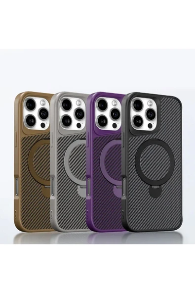 iPhone 16 ile uyumlu Kılıf Karbon Fiber Görünümlü Magsafe ile uyumlu Stand olabilen Carbon
