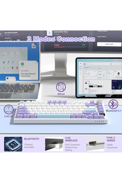 Ajazz Ak820 Pro Mekanik Rgb Oyun Klavyesi,3 Modlu Tft Renkli Ekran Cnc Düğmeli 81 Tuş Mor Beyaz - 3