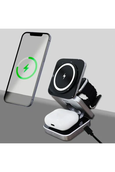 Magsafe Uyumlu 3in1 Kablosuz Şarj Cihazı iPhone Uyumlu Watch Uyumlu Masaüstü Portatif Katlanabilir ürün görseli