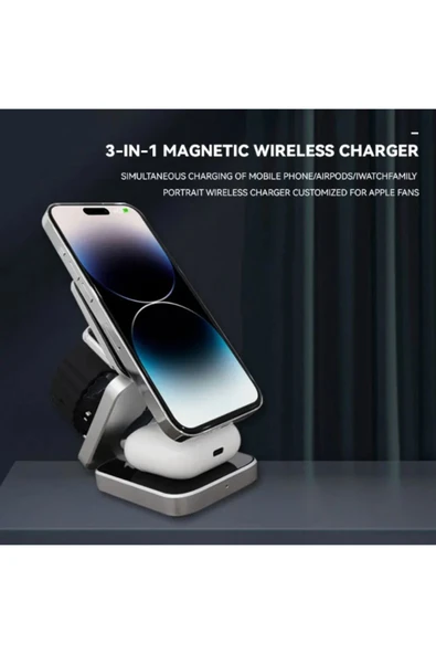 Magsafe Uyumlu 3in1 Kablosuz Şarj Cihazı iPhone Uyumlu Watch Uyumlu Masaüstü Portatif Katlanabilir - 6