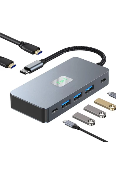 Çoklayıcı Adaptör 7in1USB-C To USB 3.0 ve USB/C 4 Ports HUB + HDTV (4K/30Hz) + PD Çevirici CK-510