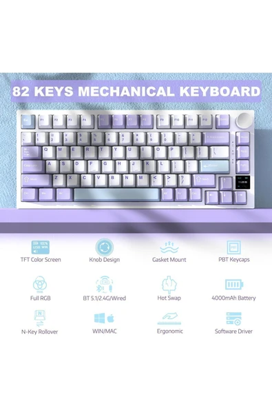 Ajazz Ak820 Pro Mekanik Rgb Oyun Klavyesi,3 Modlu Tft Renkli Ekran Cnc Düğmeli 81 Tuş Mor Beyaz - 7