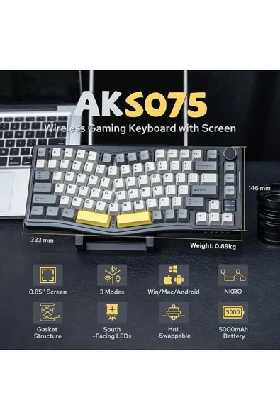 Ajazz AKS-075 Ergonomik Tasarım, TFT Ekranlı 3 Modlu Mekanik Klavye Siyah - Gift Switch - 6