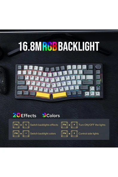 Ajazz AKS-075 Ergonomik Tasarım, TFT Ekranlı 3 Modlu Mekanik Klavye Siyah - Gift Switch - 3